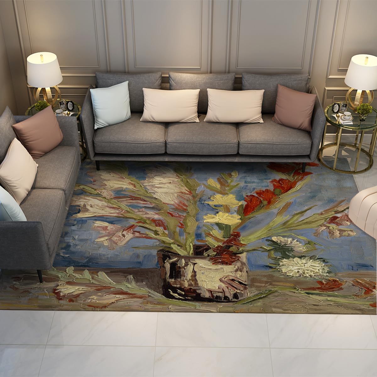 Tapis poil bas à grands motifs vintage fleurs 60x90 cm lavable pour décoration maison
