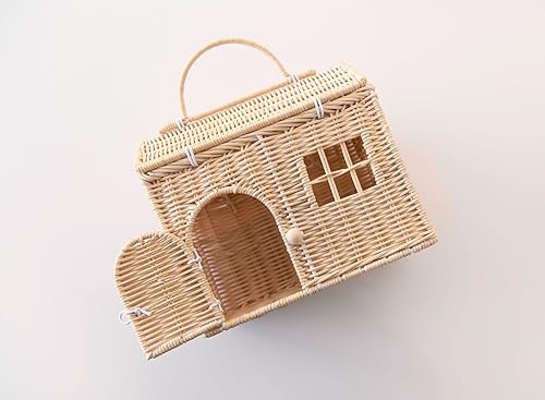 Rool Rattan House Shaped Basket Wicker Small Dollhouse Gift for Girls, Boho Toys, Mouse in a Box House, Little Girl Purse Clutch, Doll Carrier