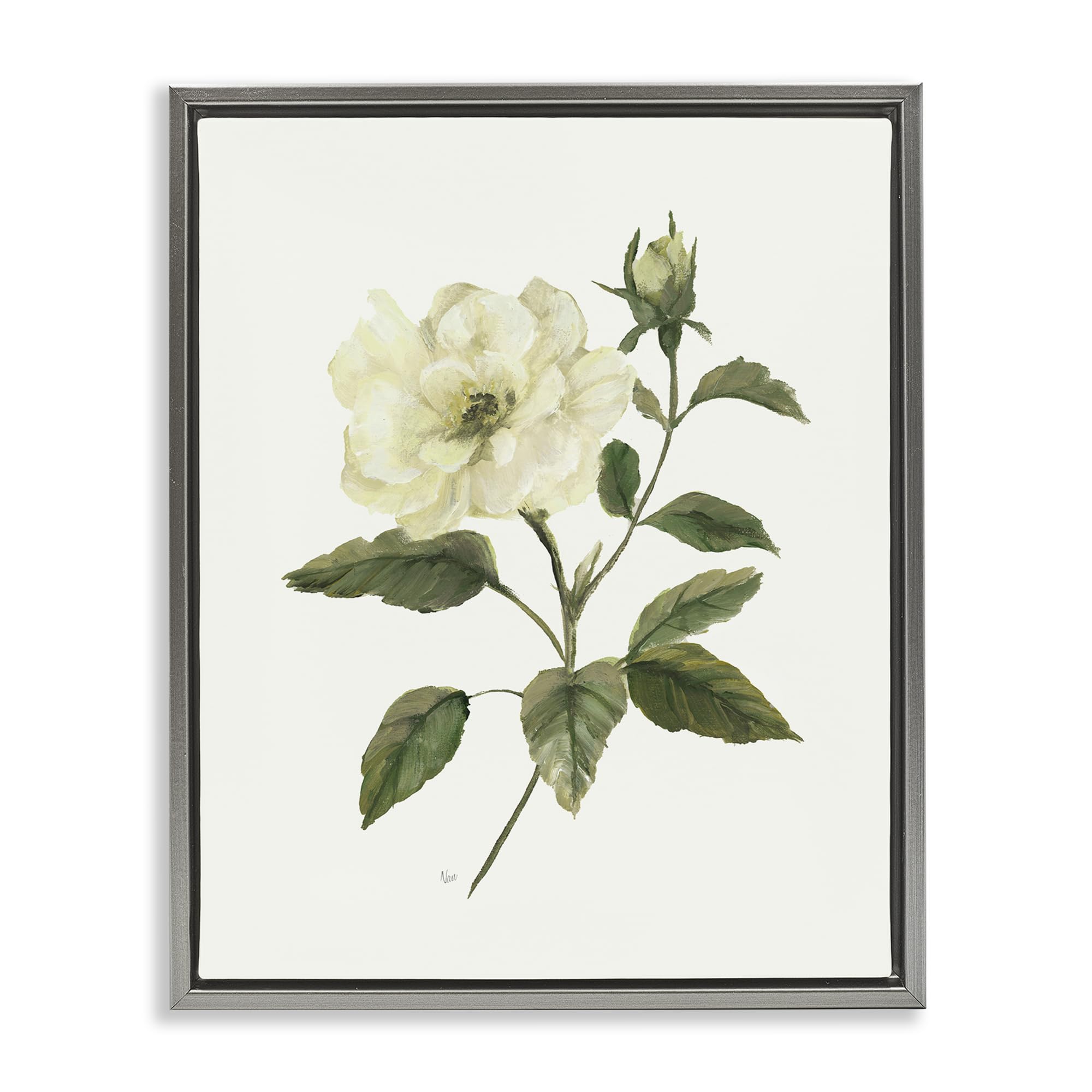 Stupell Industries Ivory Rose Bloom Green Foliage 'Ivory Rose Bloom With Green Foliage', Floating Frame Canvas Art, Gray, 25 X 31 Inches, Easy To Hang And Sturdy, Made In Usa, By Nan