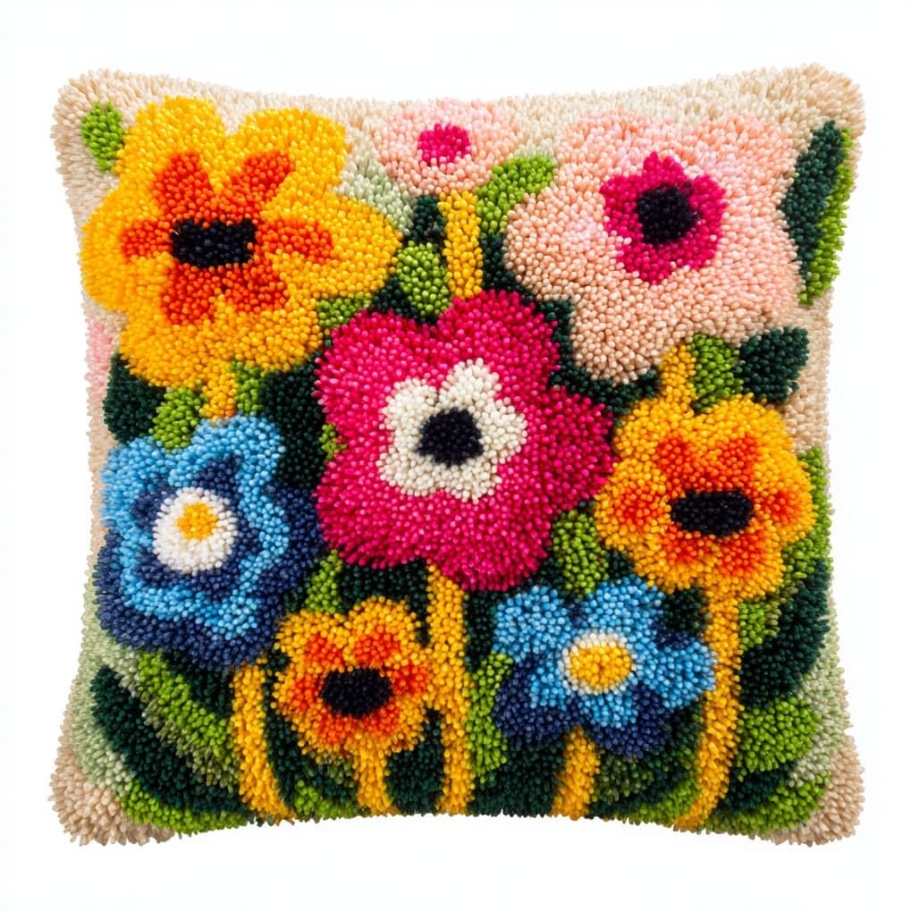 WallustrioaW Latch Hook Cushion Cover Kit,Colorful Flowers,Pillow Case Rug Cover Kids Beginner DIY Needlework Embroidery Kits Handmade Set,17x17in