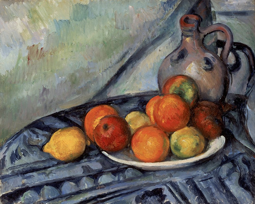 Cuadro de Paul Cézanne Fruta y una jarra sobre mesa pequeño con marco marrón 1