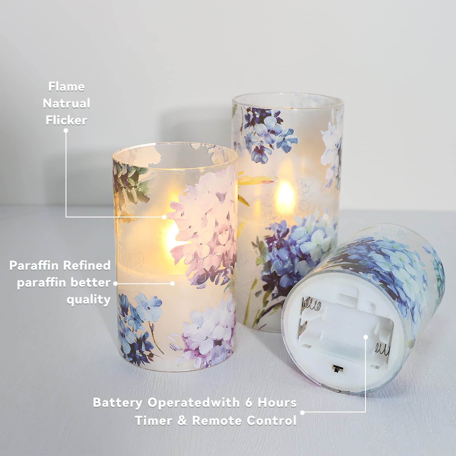 Velas decorativas sin llama, juego de 3 calcomanías de hortensia azul parpadeante con efecto de vidrio, luces de velas con pilas para regalo de Navidad, decoración de boda, hogar
