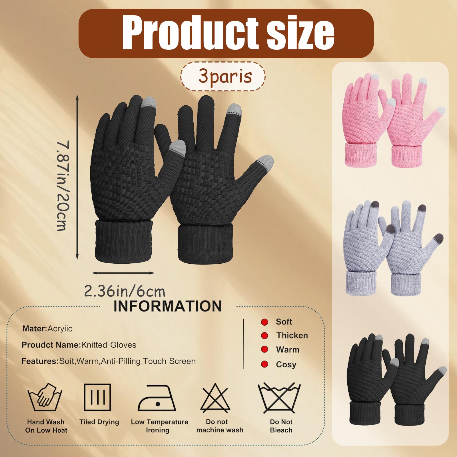 AYNKH Lot de 3 Paires de Gants Thermiques Femme, d’Hiver Chauds Tricotés Élastiques avec Doublure Polaire, Gants Tactiles Chauds pour Sport, Course, Ski, Vélo