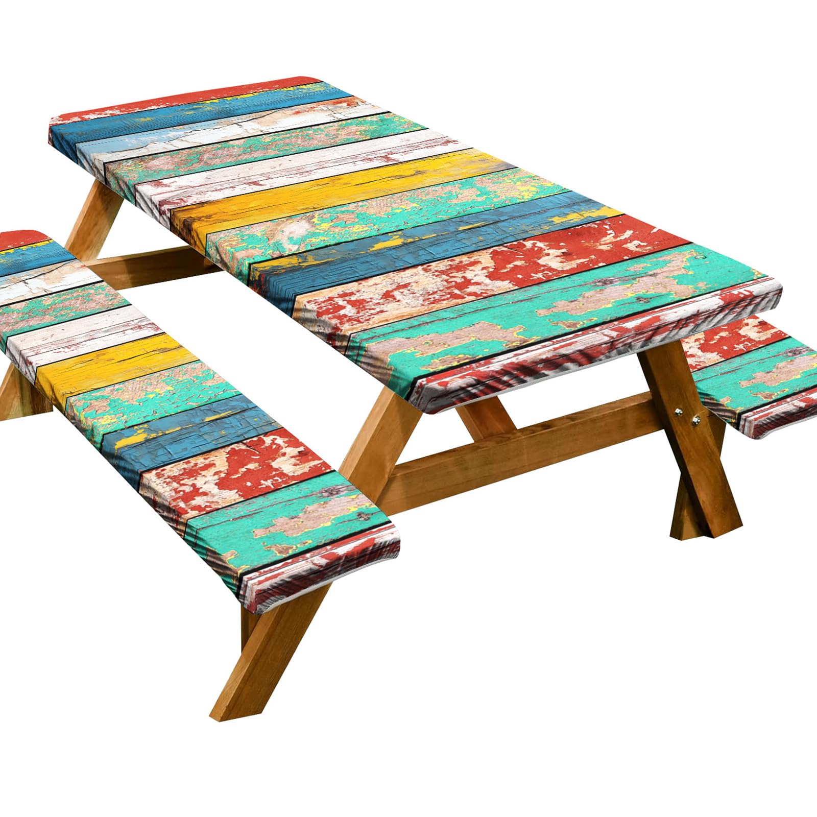 Funda de mesa de picnic ajustada con fundas de banco, funda de mesa de picnic al aire libre, 3 piezas, 8 pies, impermeable, elástico en todo el contorno, imitación de grano de madera, para picnic al