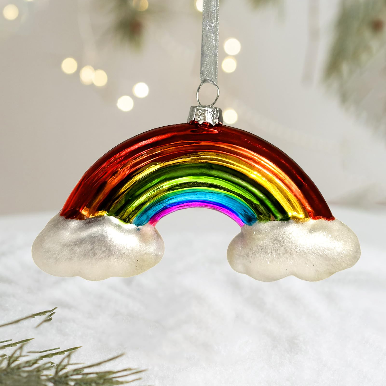 Fassory Rainbow Glass Christmas Ornament, Handmade Blown Glass Christmas Hanging Decorations (Rainbow)
