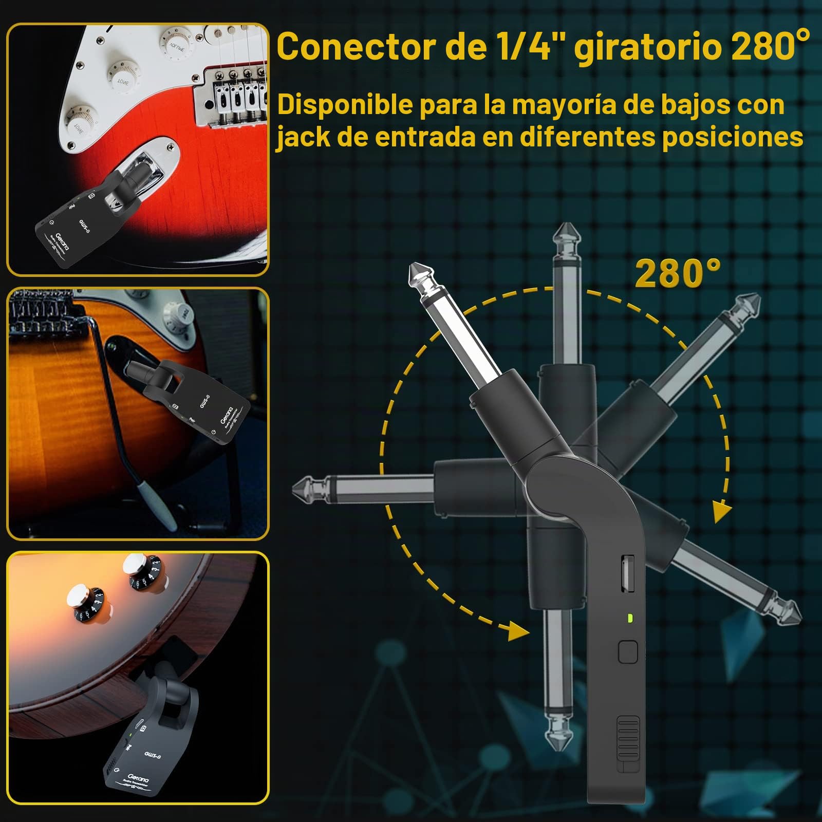 Sistema Inalámbrico para Guitarra y Bajo – Transmisor + Receptor 2.4 GHz, 24-bit/48 kHz, <12 ms Latencia, 30 m Alcance, 5 h Batería Recargable (USB-C) (GWS-8)