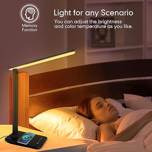 Miniatura 5 de White crown Lámpara de escritorio LED con cargador inalámbrico de 15 W y puerto USB, lámpara de mesa regulable con 5 modos de iluminación, control