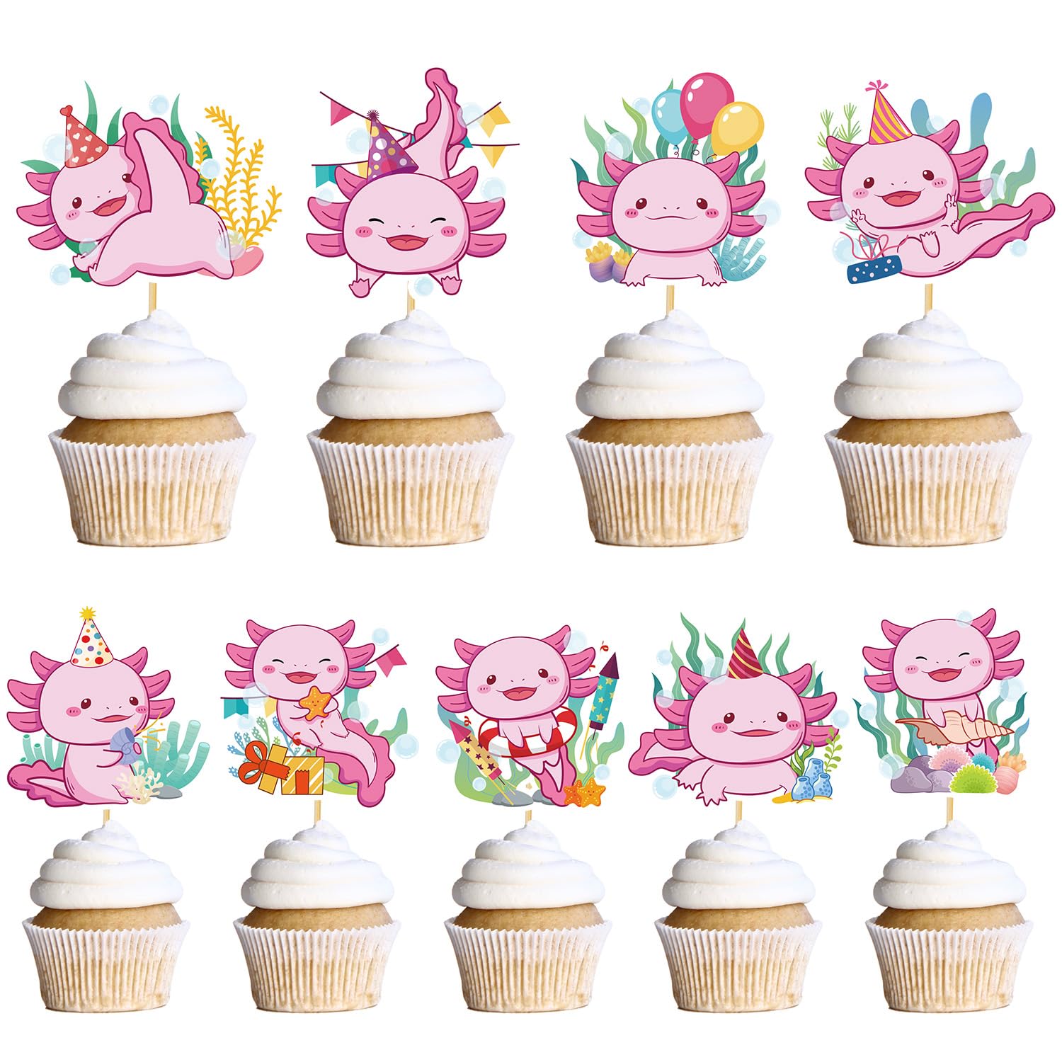 Lot De 36 Décorations Pour Cupcakes Axolotl Roses - Décorations De Fête