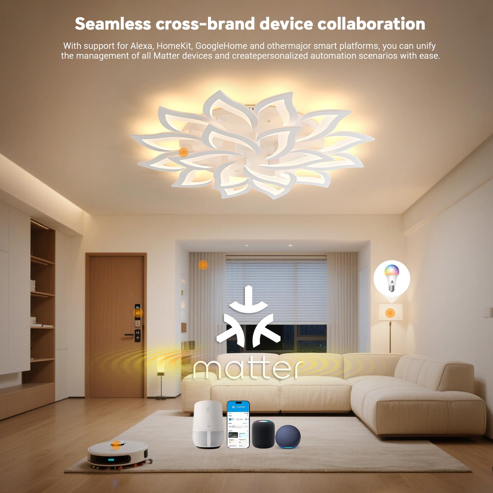 BAYHT Smart LED Deckenleuchte Dimmbar, Kompatibel Mit eWeLink App, Blumen Deckenlampe für Wohnzimmer Schlafzimmer, Moderne Lampe Decke Beleuchtung, Großer Kronleuchter 18 Heads/Ø100cm/84W