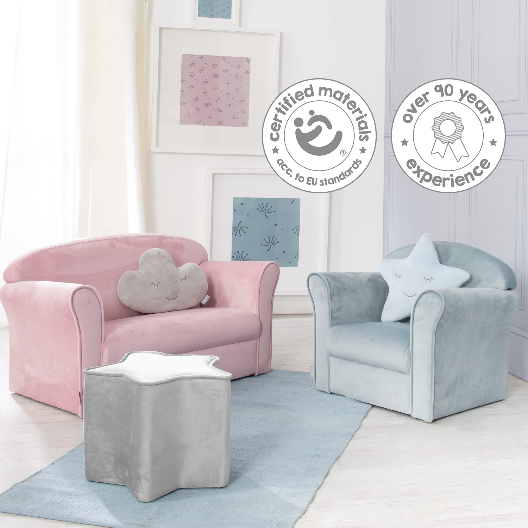 roba Kindersofa Lil Sofa mit Armlehnen für Mädchen und Jungen - Bequeme Kindercouch - Samtstoff grau - Sitzmöbel für Baby & Kinderzimmer