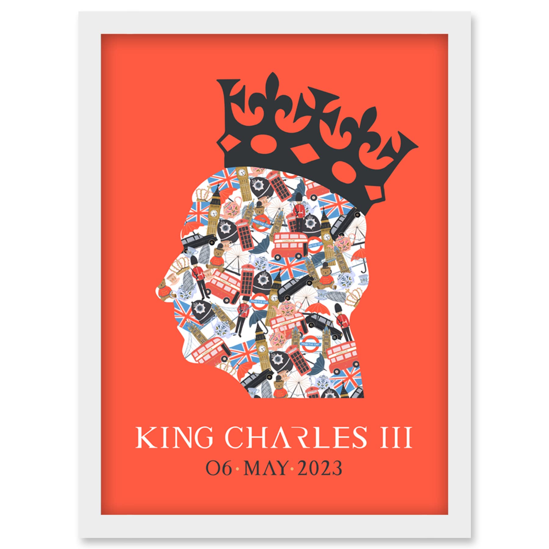 Artery8 King Charles III Coronation Date British Symbol Head Collage with Crown Red Design Artwork Framed Wall Art Print A4
