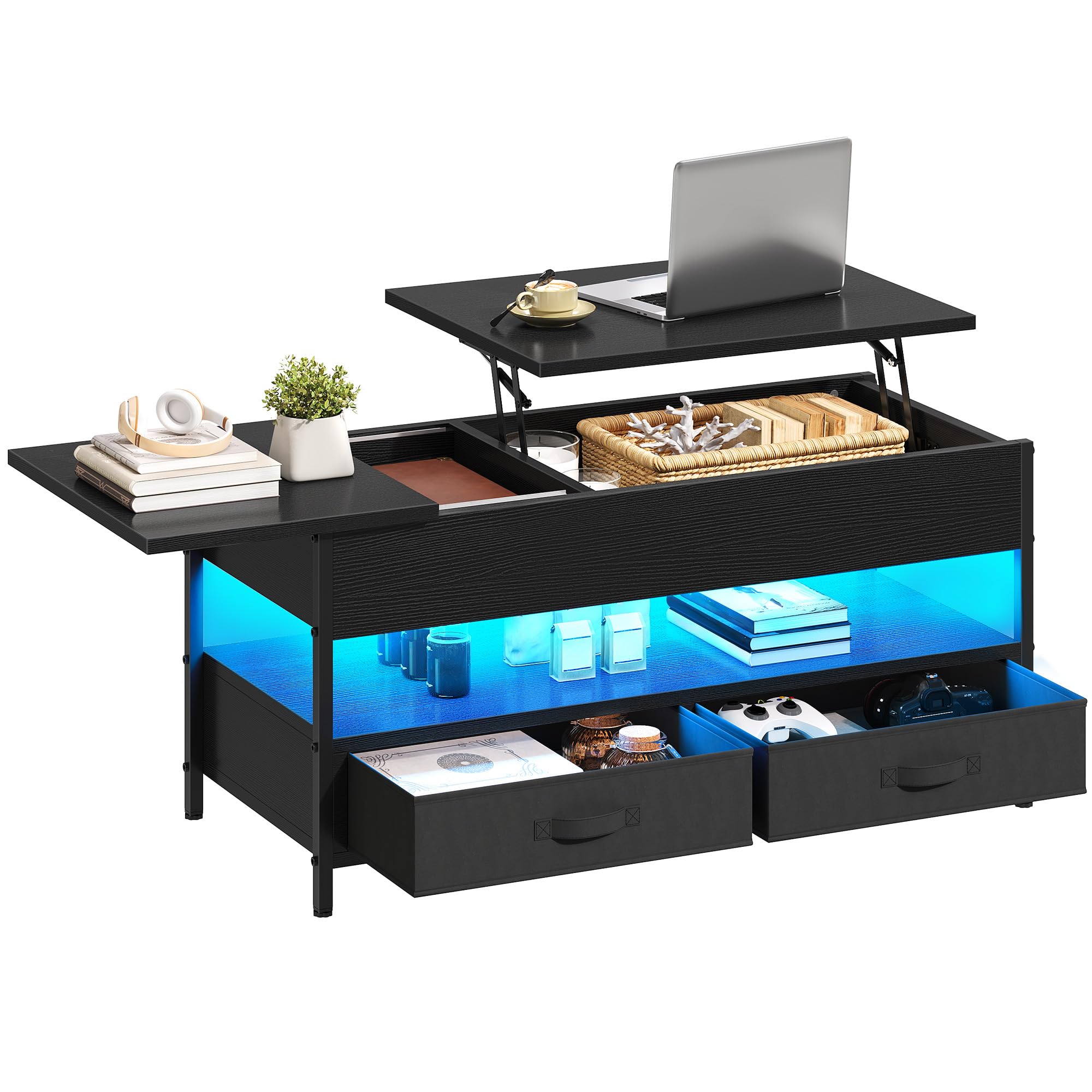 YITAHOME Table Basse Relevable, Table Basse Salon Noir avec Ruban LED RGB et 2 Tiroirs, 106 x50x51,5cm, avec Plateau élévateur et Rangement Caché, Idéal pour Le Salon