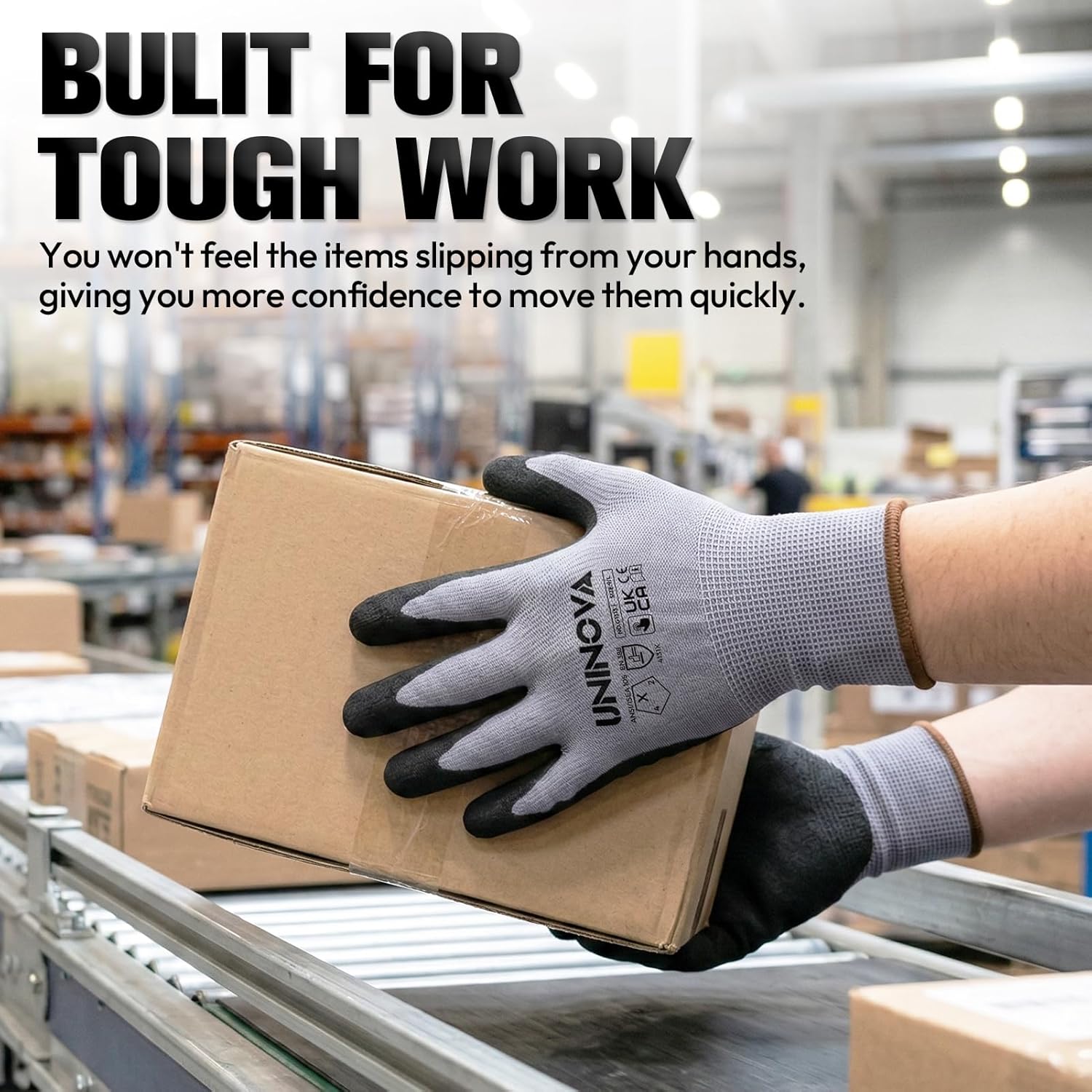 UNINOVA Sandy Nitrile Coated Work Gloves, Safety Work Gloves with Grip for Men Women, Touch Screen High Dexterity, Non-slip for Construction Warehouse DIY General Handling(Large,12Pairs)