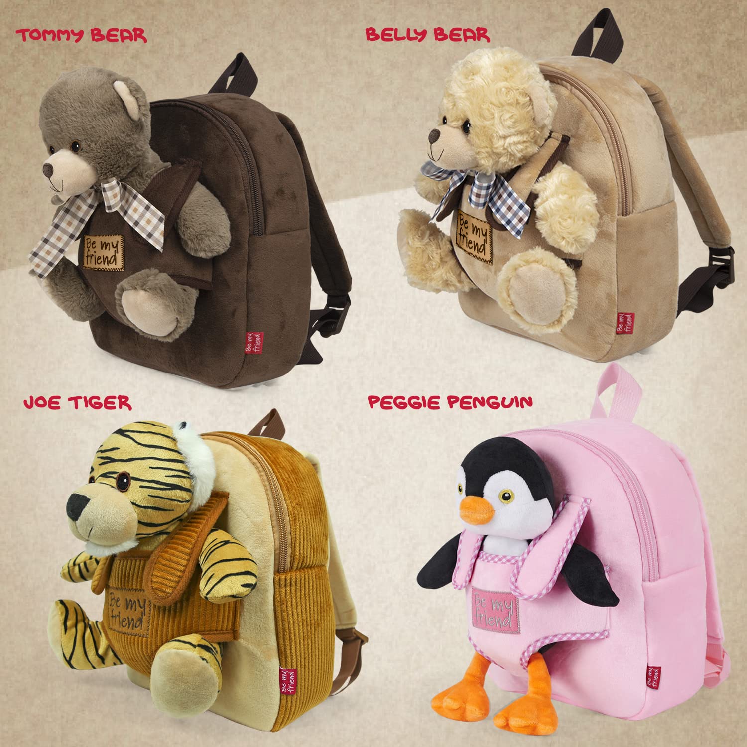 PERLETTI - Mochila Infantil Grande de Animal de Peluche - Bolso para Niños Niñas 3 4 5 Años con Muñeco Extraíble para Escuela Guarderia Viaje - Bolsa Escolar Suave - 21x27x9 cm