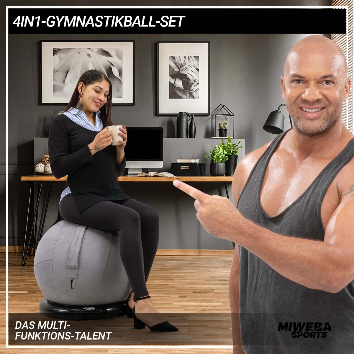 Miweba Sports Gymnastikball | 65 cm ∅ - Traglast 500 kg - Pilates Ball - Pezziball - 4in1 Set inkl Ballauflage - Bürostuhl - Sitzball - Balance Ball - Hüpfball - Pilatesball - Yoga - Schlingentrainer