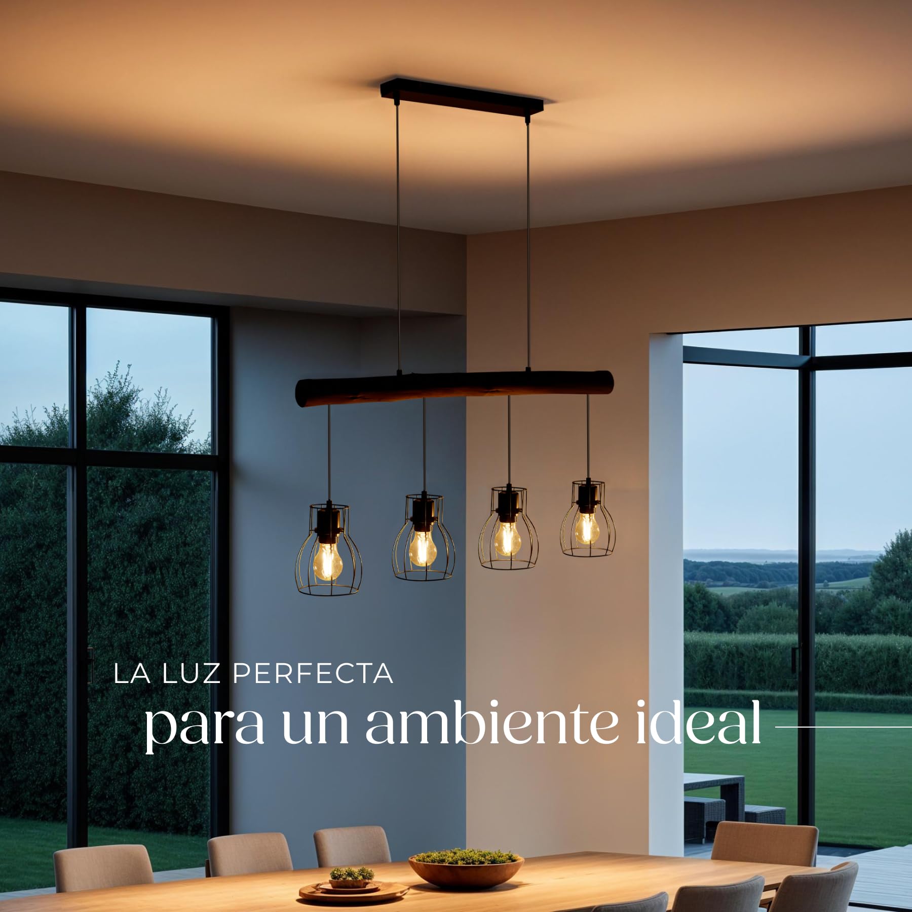 tectake® Lámpara colgante con 4 luces, estilo industrial moderno, con viga de madera rústica y rejilla de acero, suspensión ajustable, lámpara de techo ideal para salón, comedor, dormitorio o pasillo