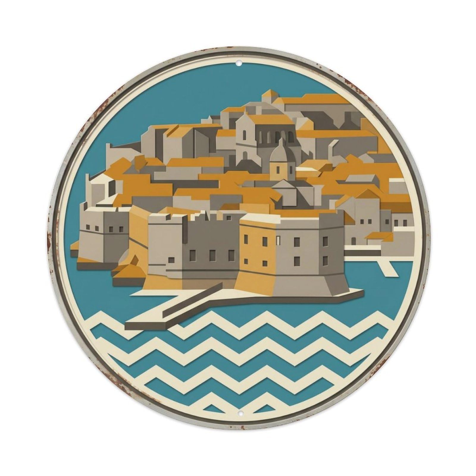 Dubrovnik Layered Walls Travel Metal Tin Sign Plaque Wall Decor for Cafe, Club Bar, Office, Home Garden Round Metal Poster 8x8Inch