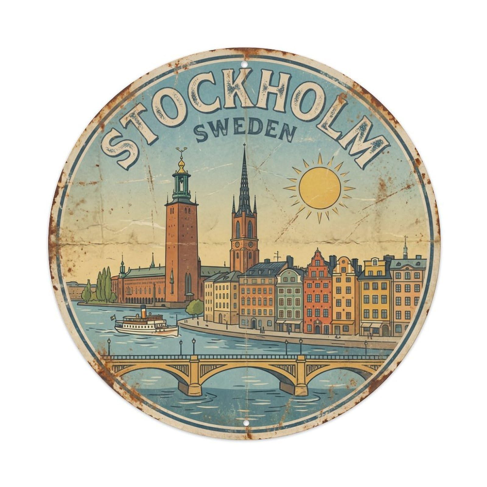 Vintage Travel Sweden Stockholm Metal Tin Sign