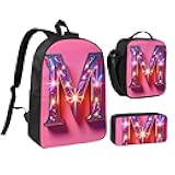 M print Backpacks With Lunch Pack Pencil Case 3pcs, Lightweight Bookbag Unisex for Traveling