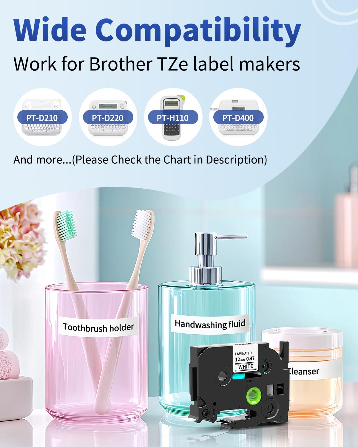 Tz Tape 12mm 0.47 Inch Laminated Black on White Replace for Brother P-Touch Label Tape TZe-231 Label Maker Refills TZe TZ-231 for Ptouch PT-D210 D200 H110 D220 H103w D410, 12 mm x 8m, 4-Pack