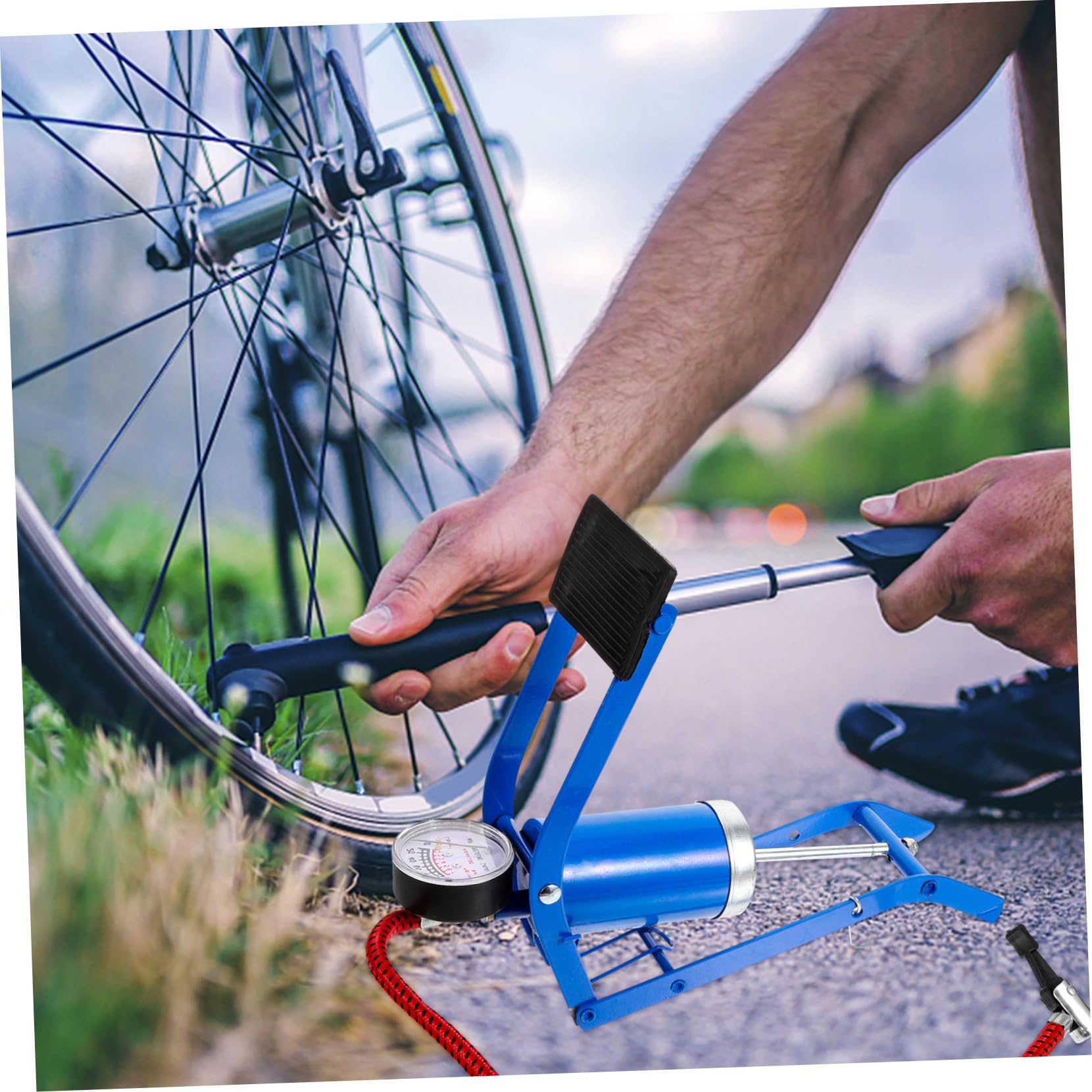 Toddmomy Fahrradluftpumpe Hochdruck Fußpumpe Luftpumpe für Bike Auto Ball Fußpedal mit Barometer Rot