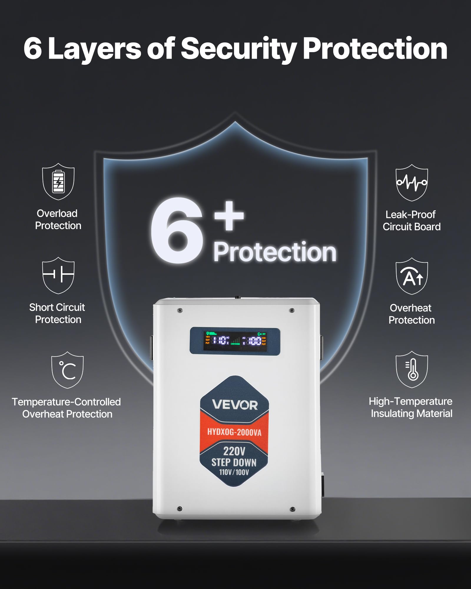 VEVOR Convertitore di Tensione Step-Down da 2000 VA, Trasformatore di Potenza per Impieghi Gravosi da 220 V a 110 V con 2 Prese USA, Uscita USB, Display LCD, per Elettrodomestici da 110 V