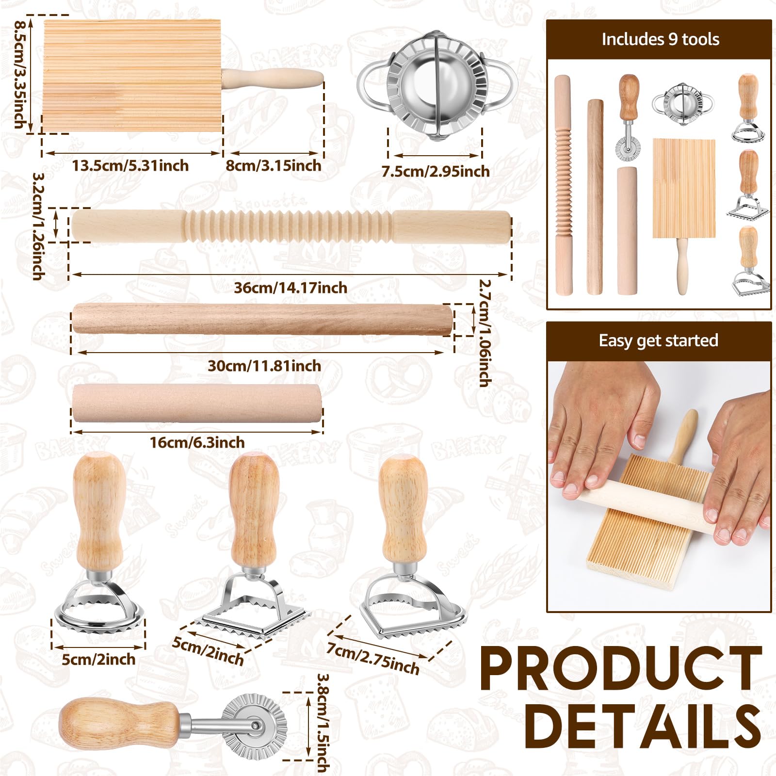 9 Pcs Pasta Making Tools Efficient Pasta Making Kit with Ravioli Stamp Cutters Rolling Pins Gnocchi Board Dough Cutter Dumpling Maker Practical Tool Set for Lovers Cooking