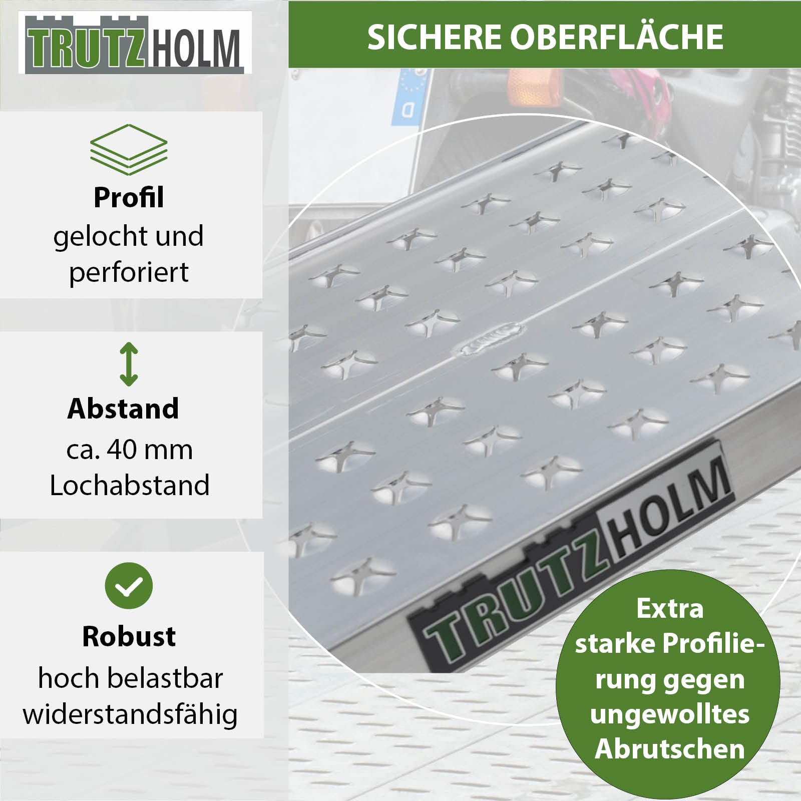TRUTZHOLM 1x Auffahrrampe Aluminium Gesamtlänge 150 cm Breite 28 cm Traglast 270 kg gelochte rutschfeste Lauffläche Verladerampe Motorradrampe Verladehilfe Rampe für Motorrad Mofa E-Bike Fahrrad