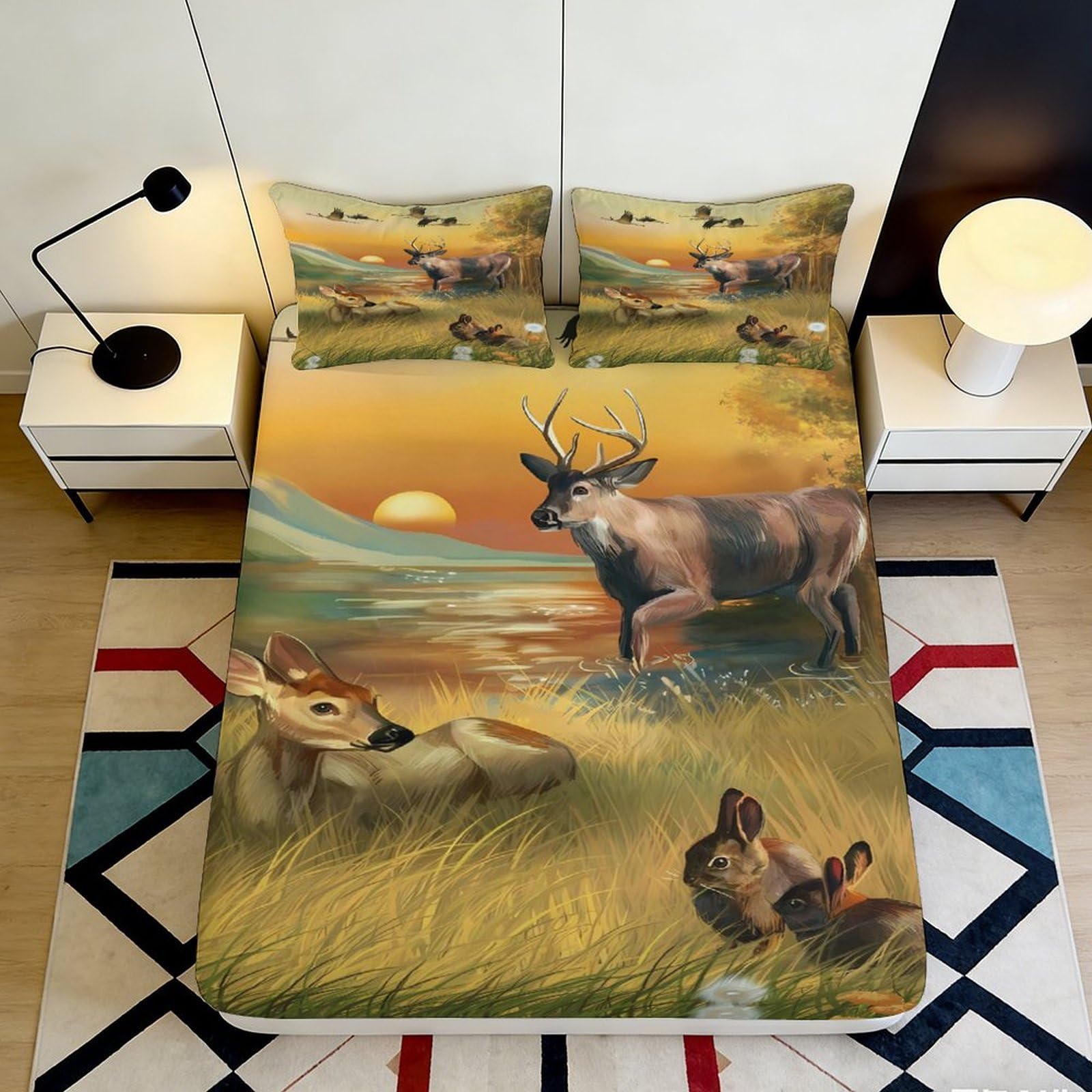 3D Printed Forest Deer Fitted Sheet Microfiber Non Slip Animal Landscape Bed Cover for Bedroom Guest Room Decor 90x200x25cm