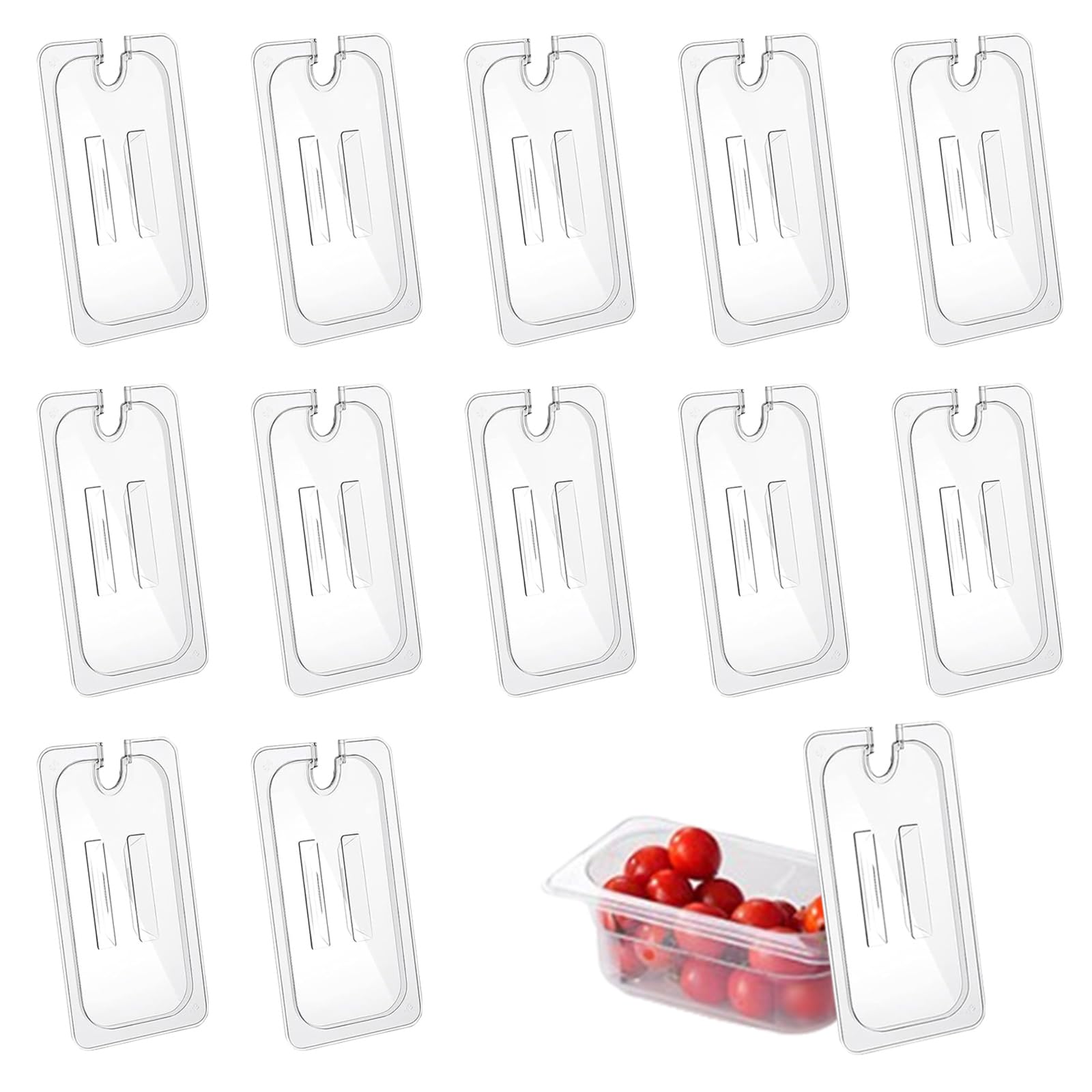 12 tapas universales de policarbonato transparente de tamaño 1/3 con borde dentado y mango para frutas, verduras, frijoles, callos