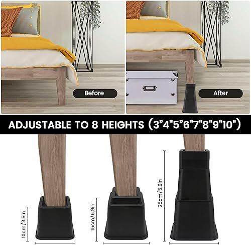 Miniatura 3 de Elevadores ajustables para muebles de cama, altura de 3,4,5,6,7,8,9 o 10 pulgadas, elevadores resistentes para sofá, mesa, silla, soporta hasta