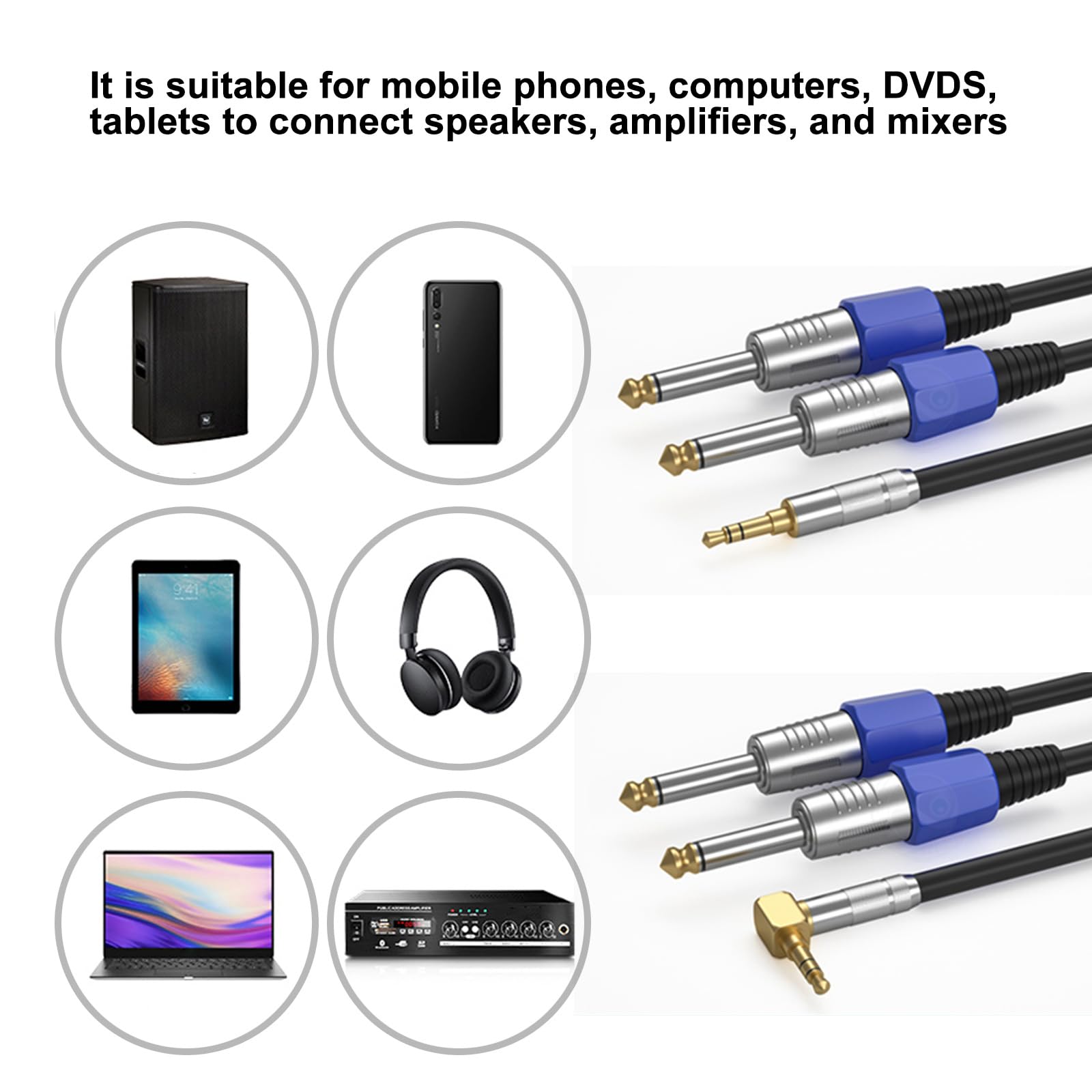 Câble audio 3,5 mm vers double 6,35 mm vers 2 adaptateurs en Y de 6,35 mm pour systèmes audio pour studio et scène