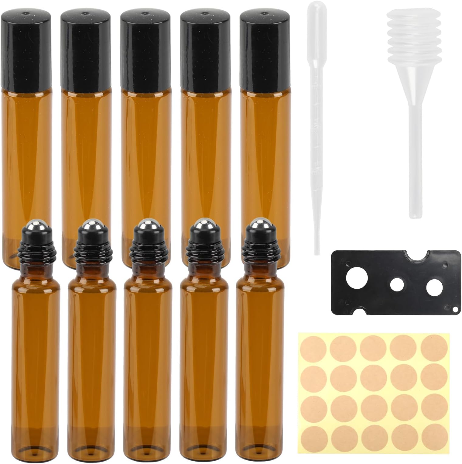 10pcs Essential Oils Roller Bottles,10ml Amber Glass with Stainless Steel Bal,Aromatherapy Roll-On for Essential Oils,Includes Opener,Dropper, Pipette,and Labels,Ideal for Personal Care & Daily use