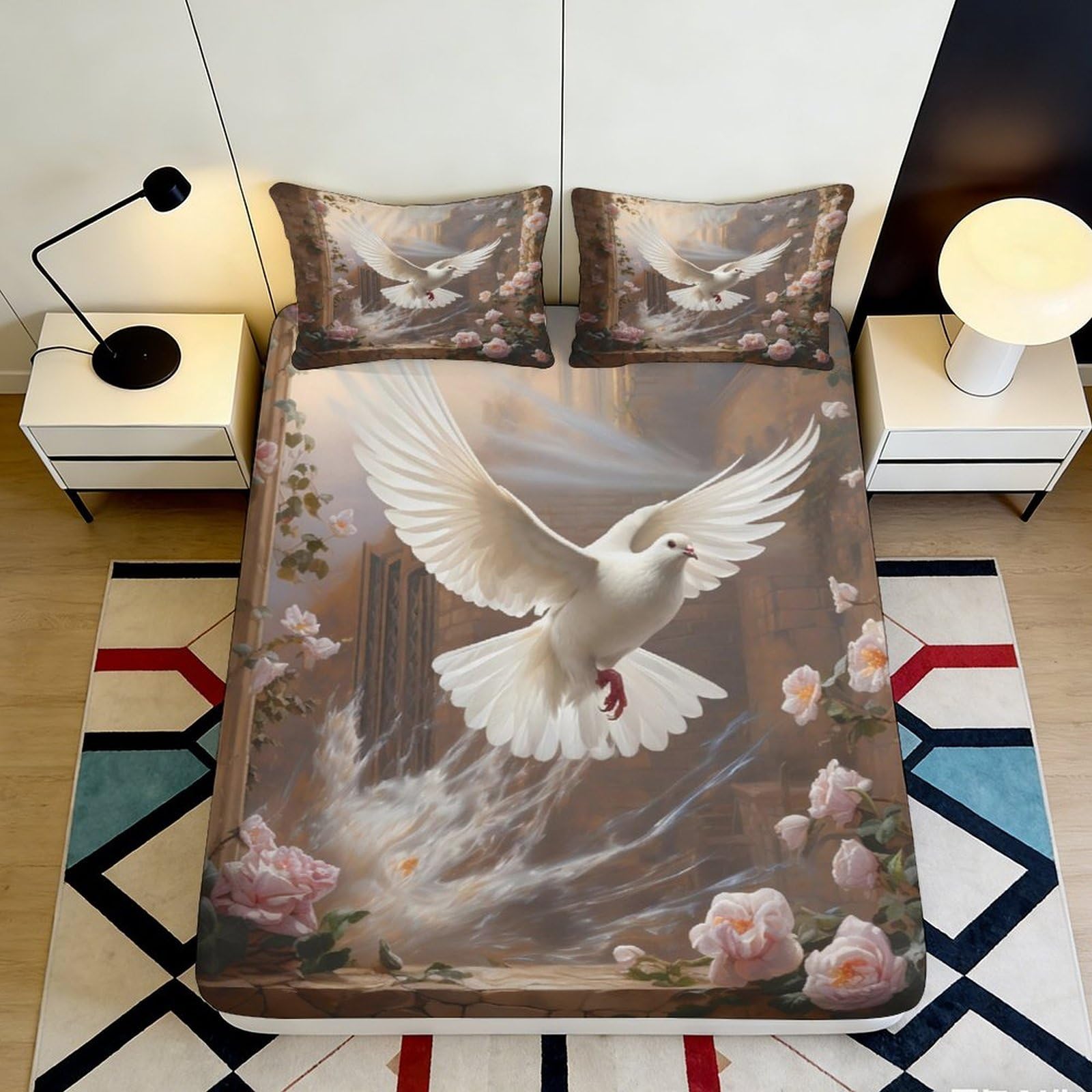 Pnayamiorkfel Style-6 3D Printed White Dove Rose Fitted Sheet Microfiber Anti-Slip Bed Cover For Bedroom Guest Room Easy Care Decor 90X200x25cm