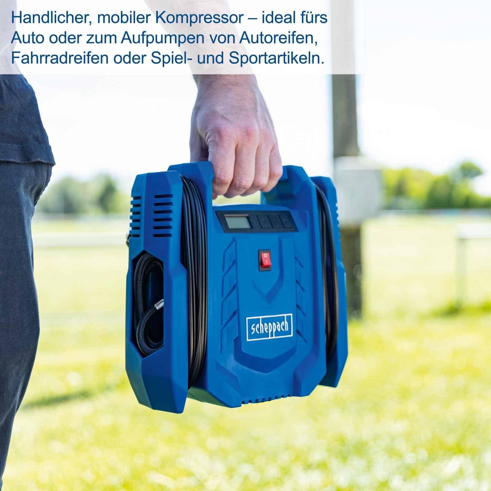 Scheppach Mobiler Kompressor Airforce 7 SC | Arbeitsdruck 8 bar | Ansaugleistung 24 L/min | Betreibbar mit AC 230 – 240 V~ / 50 Hz DC 12 V | inkl. Zubehör