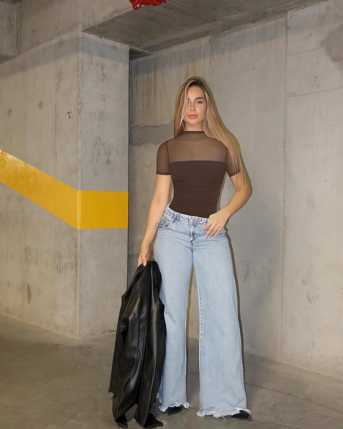 OQQ Women Short Sleeve Bodysuit Tummy Control Shapewear Mesh One Piece Leotard Shirts Going Out Tops - Image 5