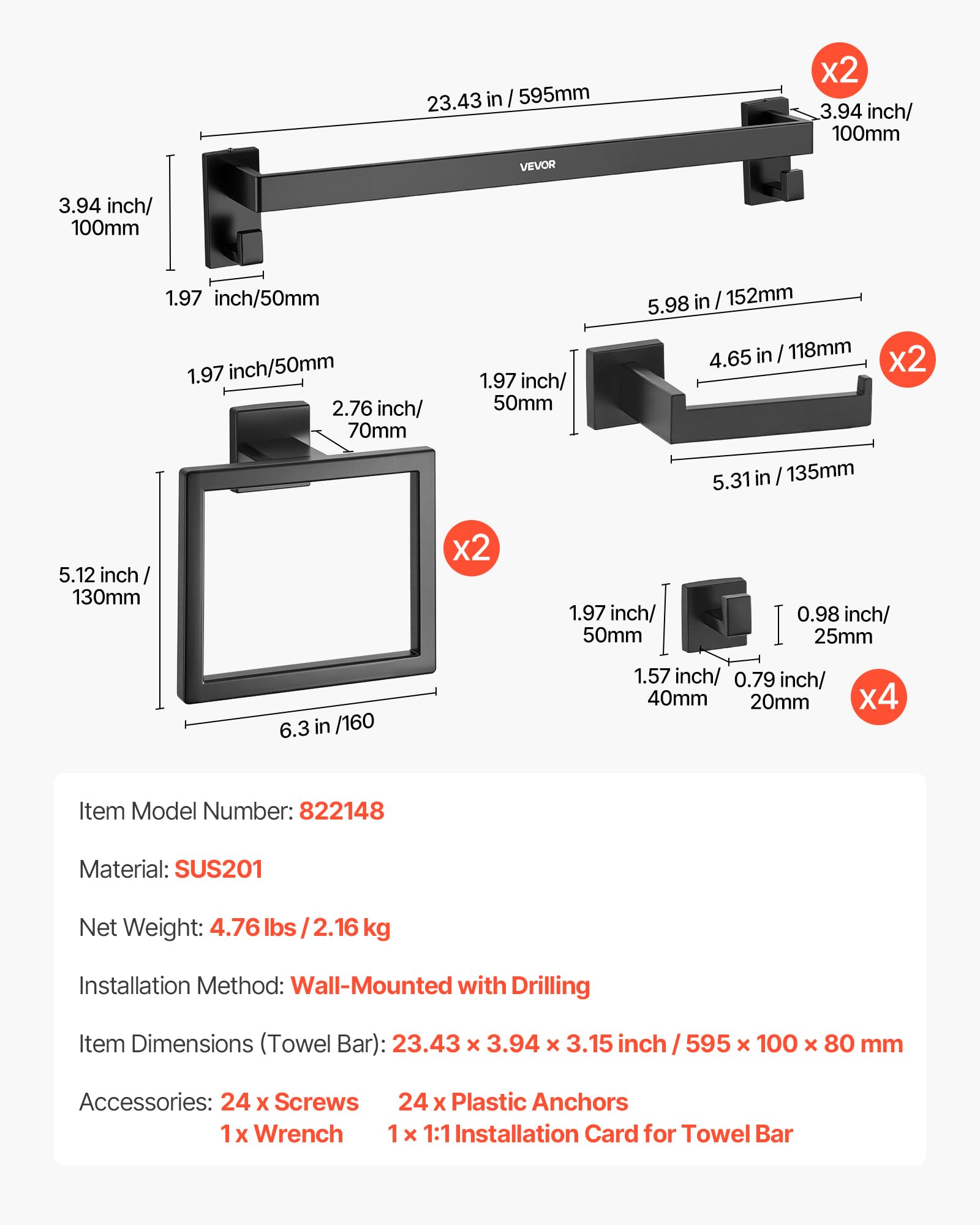 VEVOR Juego de Accesorios de Baño, con 2 Toalleros, 2 Porta Toallas Anillo Cuadrado, 2 Ganchos de 4 Piezas y 2 Portarrollos de Papel Higiénico, en Pared, Negro Mate, 10 uds, 595 x 100 x 80 mm