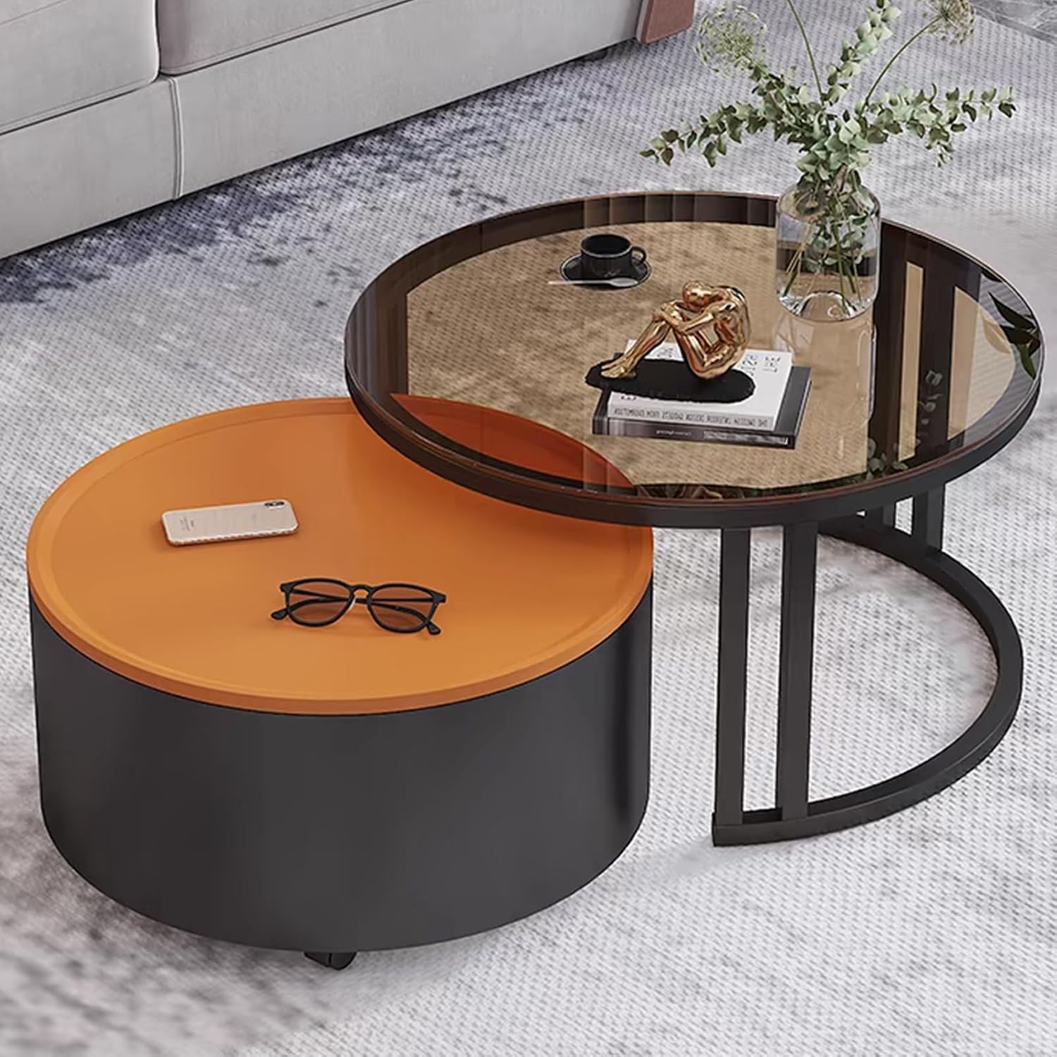 Round Coffee Table Set of 2, Hidden Storage Nesting Table, Stacking Side Tables with Semi-Circular Deep Steel Frame Legs, for Living Room, Bedroom, Office(Black+White)