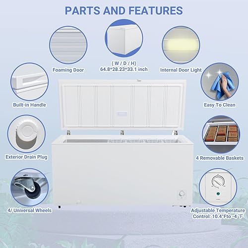 Miniatura 2 de SMETA Congelador de pecho de 18 pies cúbicos de profundidad, congelador de garaje de 65 pulgadas de ancho, termostato grande ajustable con 4 cestas,
