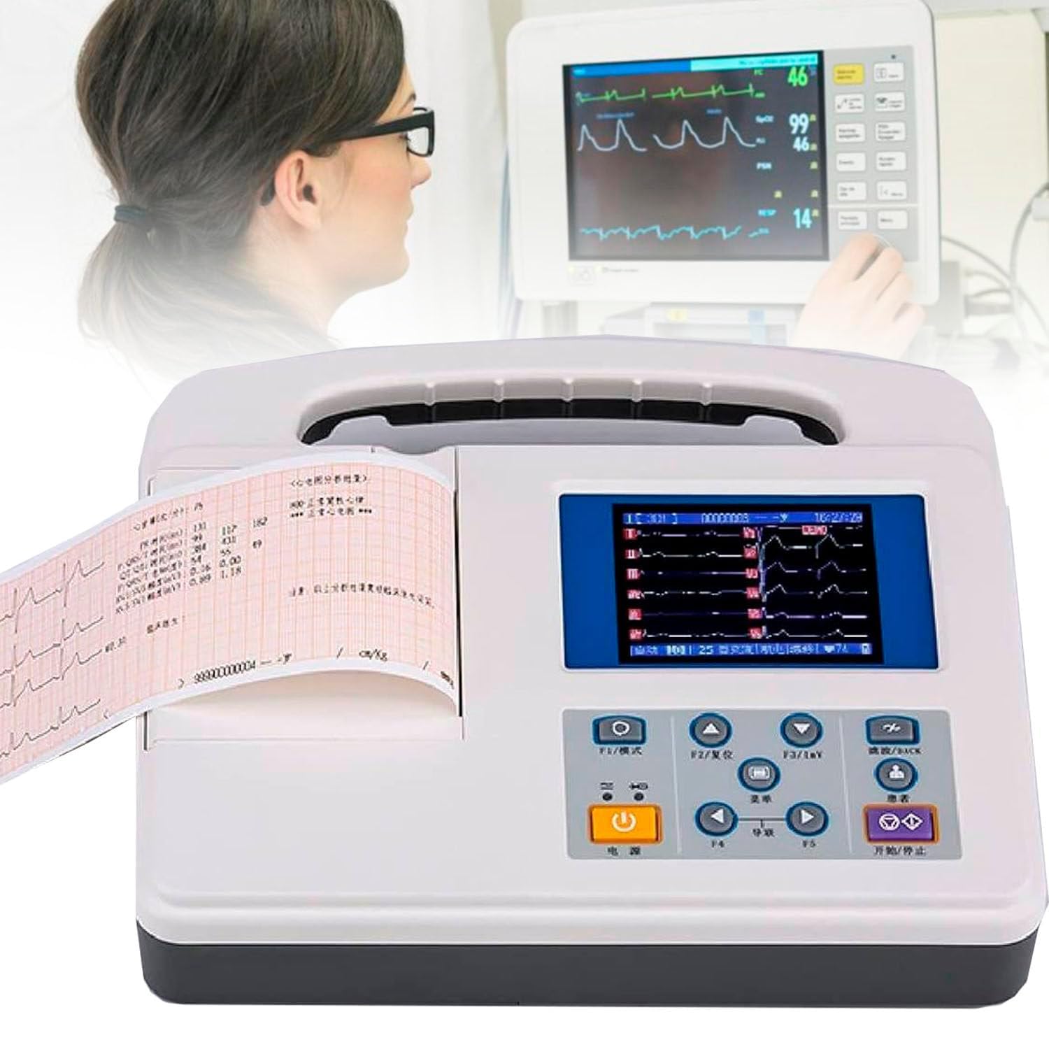 Monitor ECG/EKG portatile, dispositivo digitale LCD a colori professionale a 12 derivazioni e 3 canali con carta da stampa per la cura orale medica, i segni vitali, l'unità di terapia intensiva CCU