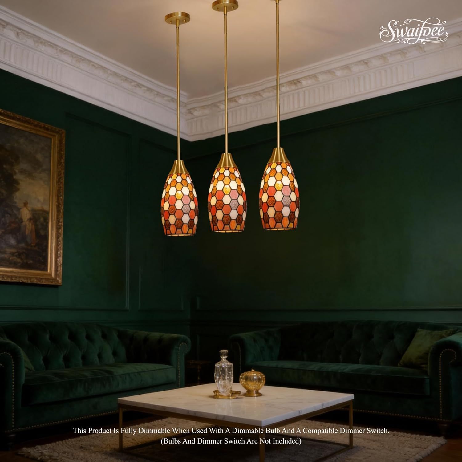 Tiffany Hanging Pendant Light,Brown Stained Glass Ceiling Light, Vintage fixtures, 5.15" Tiffany Chandelier for Dining Room Living Room Foyer Kitchen Home or Porch,Line Length 61.26"