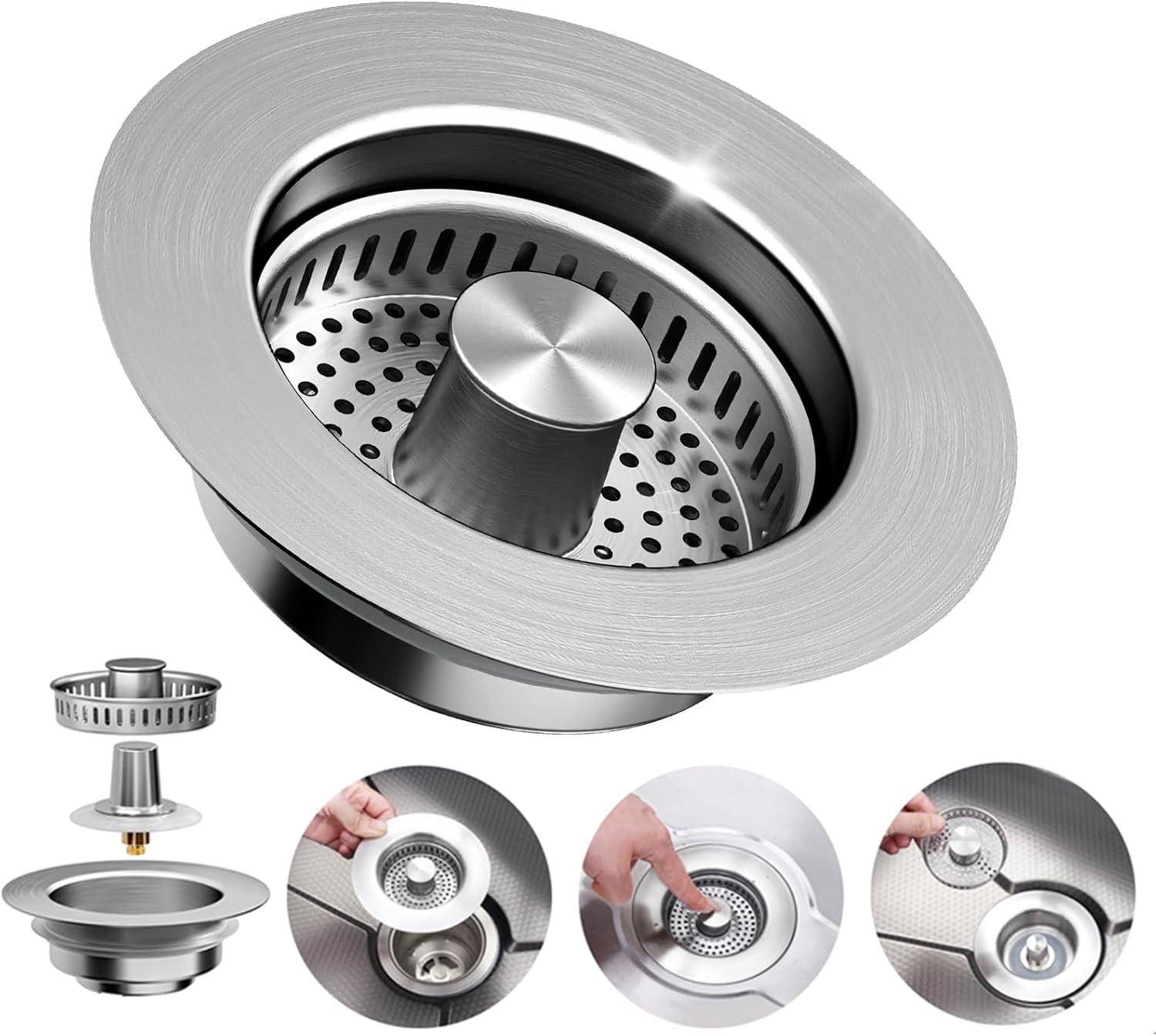3-in-1 Kitchen Sink Drain Strainer - Pop Up Sink Stopper, Stainless Steel Sink Drain Strainer, Kitchen Sink Stopper & Drain Plug with Anti-Clogging Basket,Sink Strainer Fits US Standard 3-1/2'' Drains product image