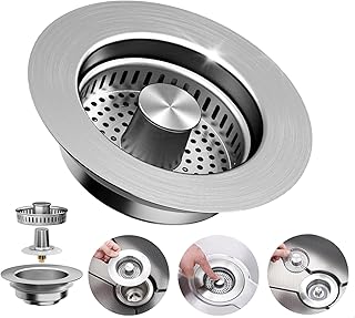 3-in-1 Kitchen Sink Drain Strainer - Pop Up Sink Stopper, Stainless Steel Sink Drain Strainer, Kitchen Sink Stopper & Drain Plug with Anti-Clogging Basket,Sink Strainer Fits US Standard 3-1/2'' Drains