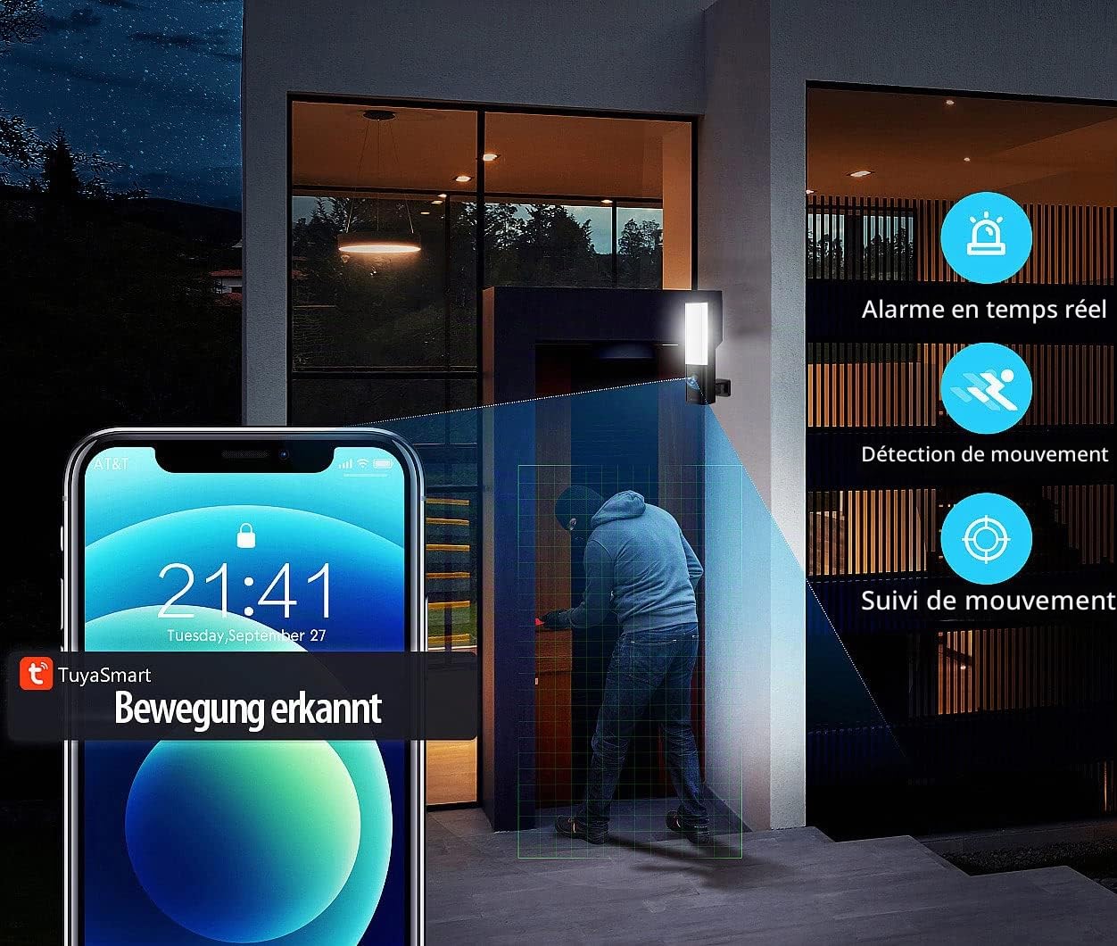Applique murale LED d'extérieur avec caméra IP connectée 2K - coloris noir [VisorTech]