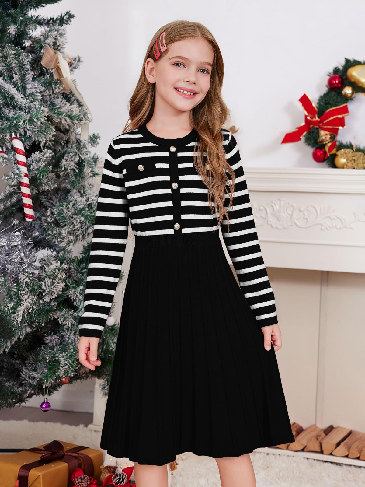Haloumoning Vestido tipo suéter de punto para niñas, de manga larga, a rayas, plisado, para otoño e invierno, 5-14 años