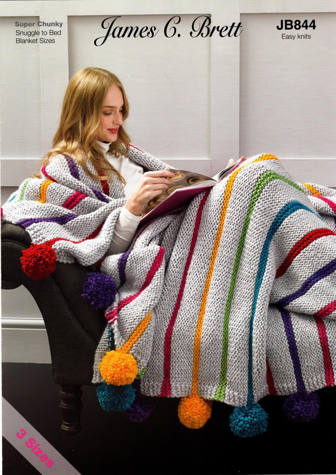 Material Multi James Brett Super Chunky Knitting Pattern Easy Knit Pom Pom Blanket Throw (Jb844)