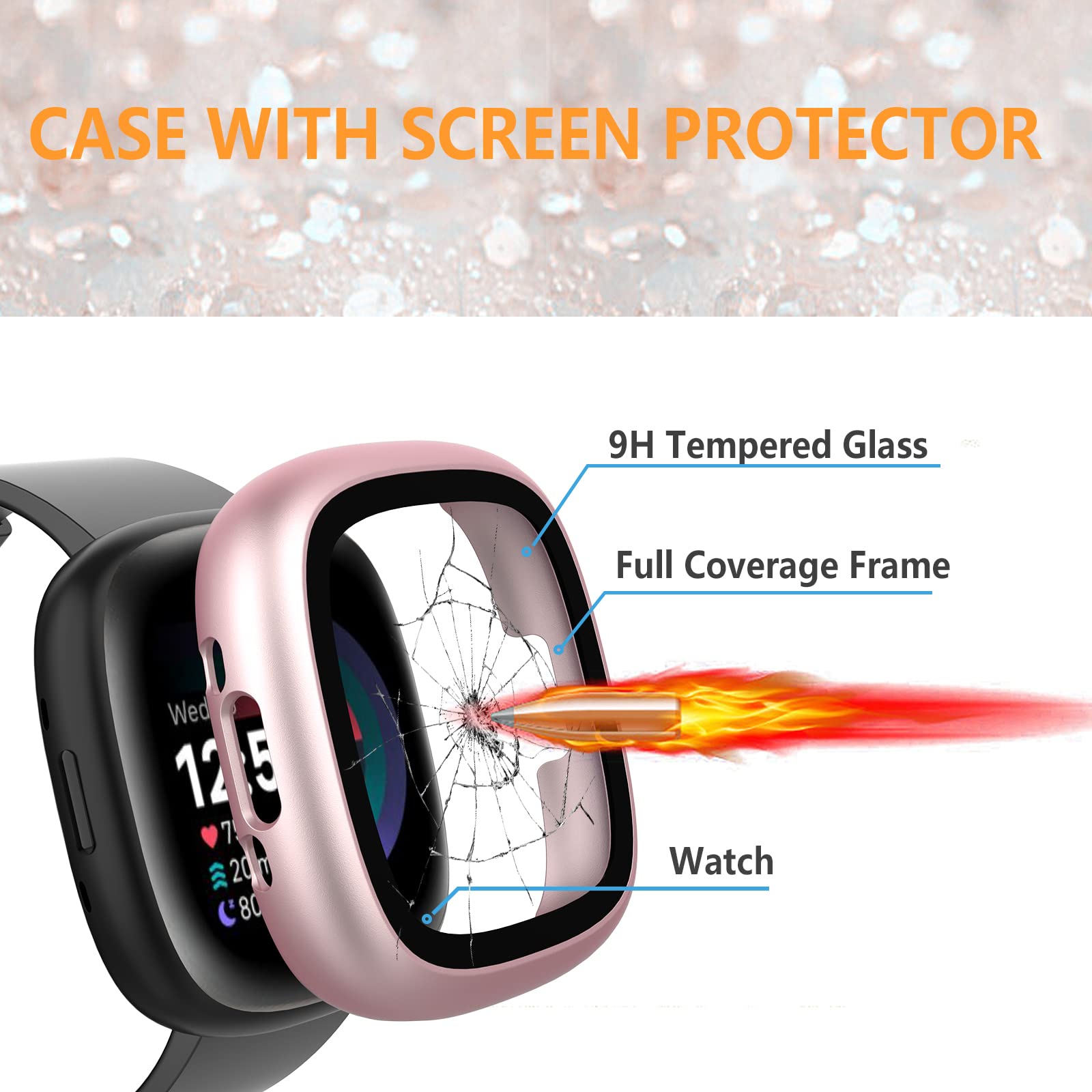 Matte Tempered Glass Screen Protector + Full Coverage Case For Fitbit Versa 3 & Sense