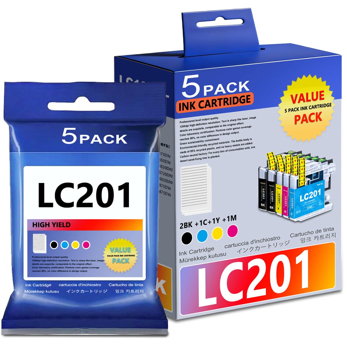 LC201XL LC201CL High Yield Ink Cartridges 5-Pack (2BK/C/M/Y) Replacement for Brother LC201 for MFC-J460DW MFC-J480DW MFC-J485DW MFC-J880DW Printer (LC201BK LC201C LC201M LC201Y)