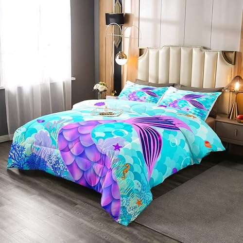 Miniatura 2 de Erosebridal Juego de edredón de sirena para niñas, edredón acolchado con escamas de pez azul verdoso, edredón de plumón del mundo submarino para