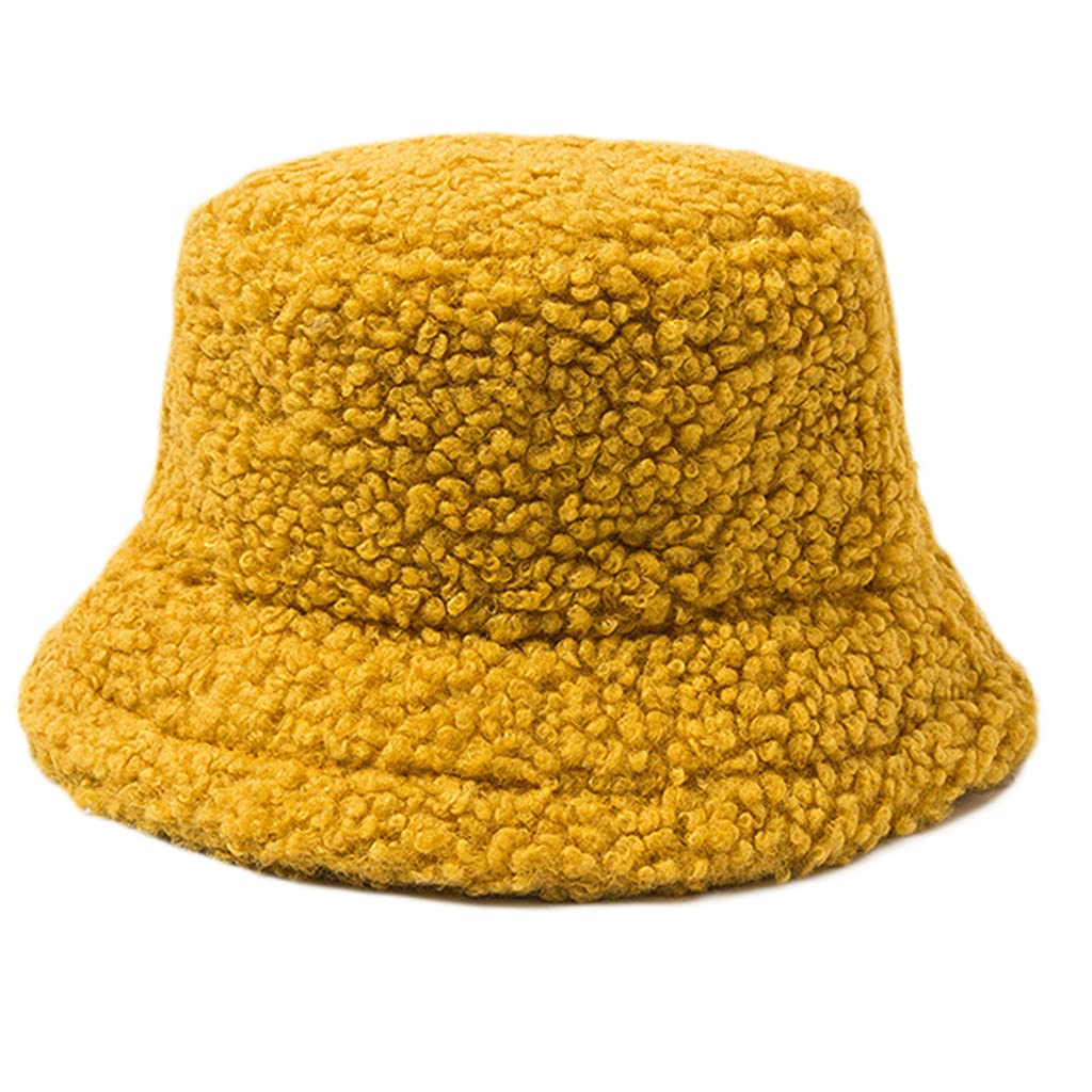 Sodeber Women's Yellow Y Lamb Wool Bucket Hat Plush Fisherman Caps Autumn & Winter Warm Basin Wide Brims
